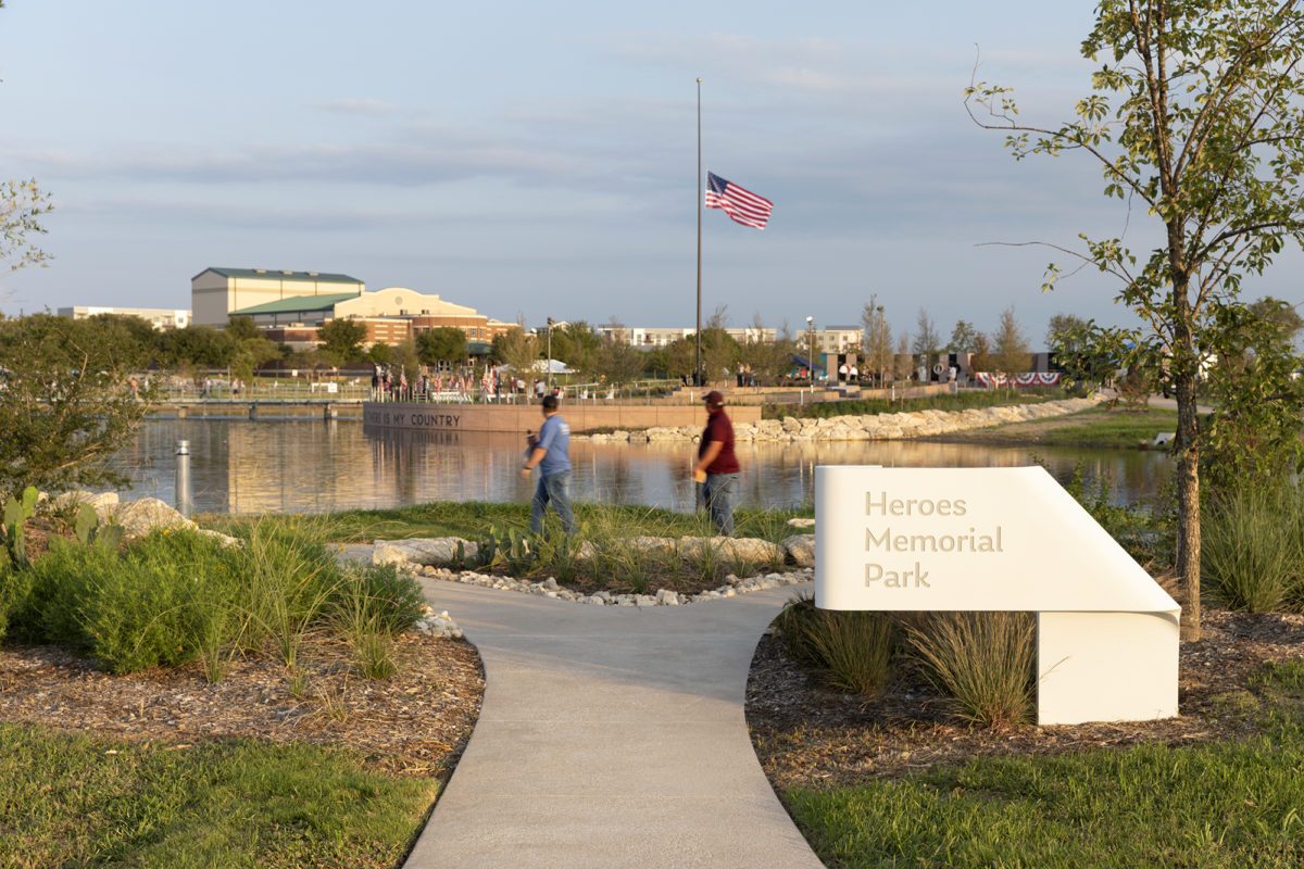 Completed Heroes Memorial Park in Kyle, Texas featuring the memorial lake and pathways
